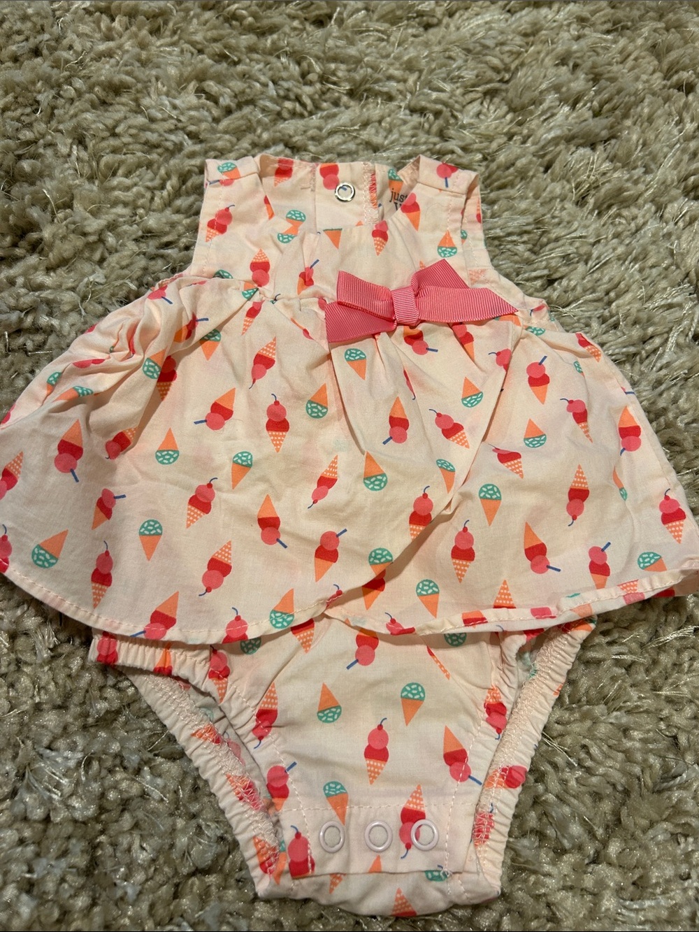 Baby Pink Ice Cream Print Dress-Style Bodysuit with Bow